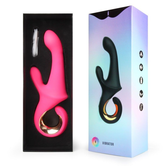 Розовый вибратор со стимулятором клитора и ручкой-кольцом - 22,6 см. Розовый вибратор со стимулятором клитора и ручкой-кольцом - 22,6 см.