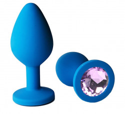 Голубая анальная пробка с сиреневым кристаллом - 7 см.
