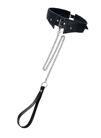 Черный кожаный ошейник-воротник с поводком Черный кожаный ошейник-воротник с поводком