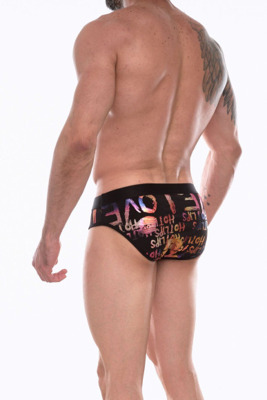 Черные трусы-брифы с блестящим принтом в виде надписей и губ Черные трусы-брифы с блестящим принтом в виде надписей и губ