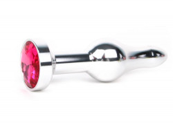 Удлиненная шарикообразная серебристая анальная втулка с малиновым кристаллом - 10,3 см.